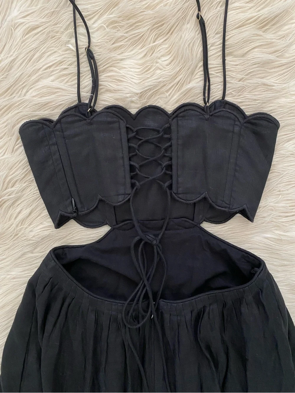 Zimmermann Petite Jude Scallop Midi Dress Black Linen Lace Up Back Vacation 0P - Picture 11 of 16